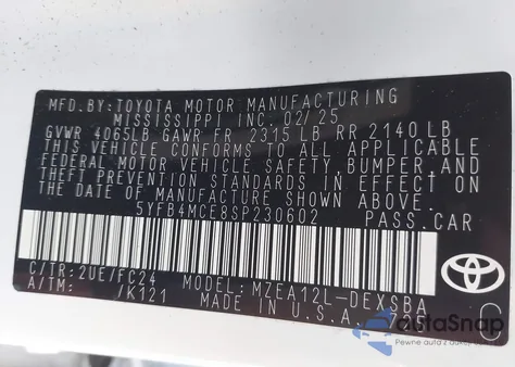 2025 Toyota Corolla Fx from USA, damaged, VIN 5YFB4MCE8SP230602